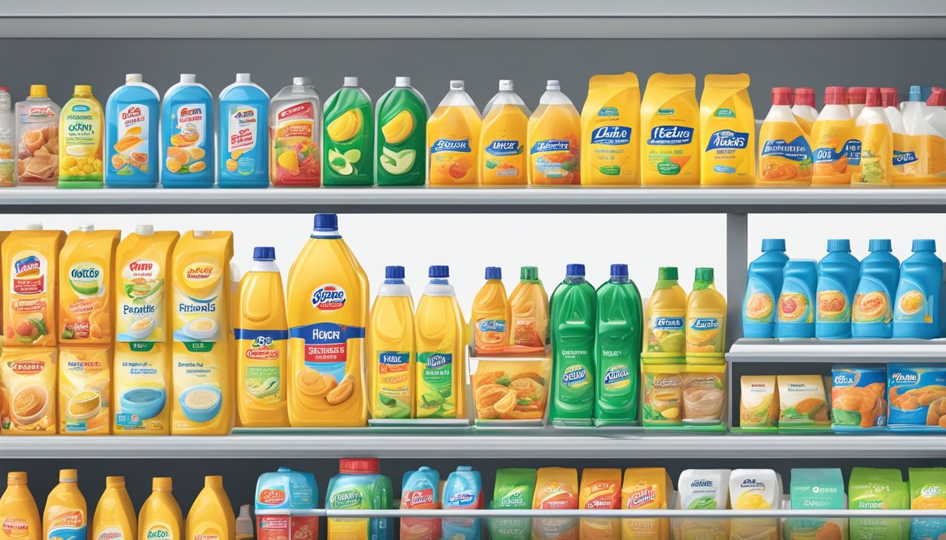 A display of various liquid starch brands on shelves in a Singaporean grocery store. Bright, clean packaging with clear labels