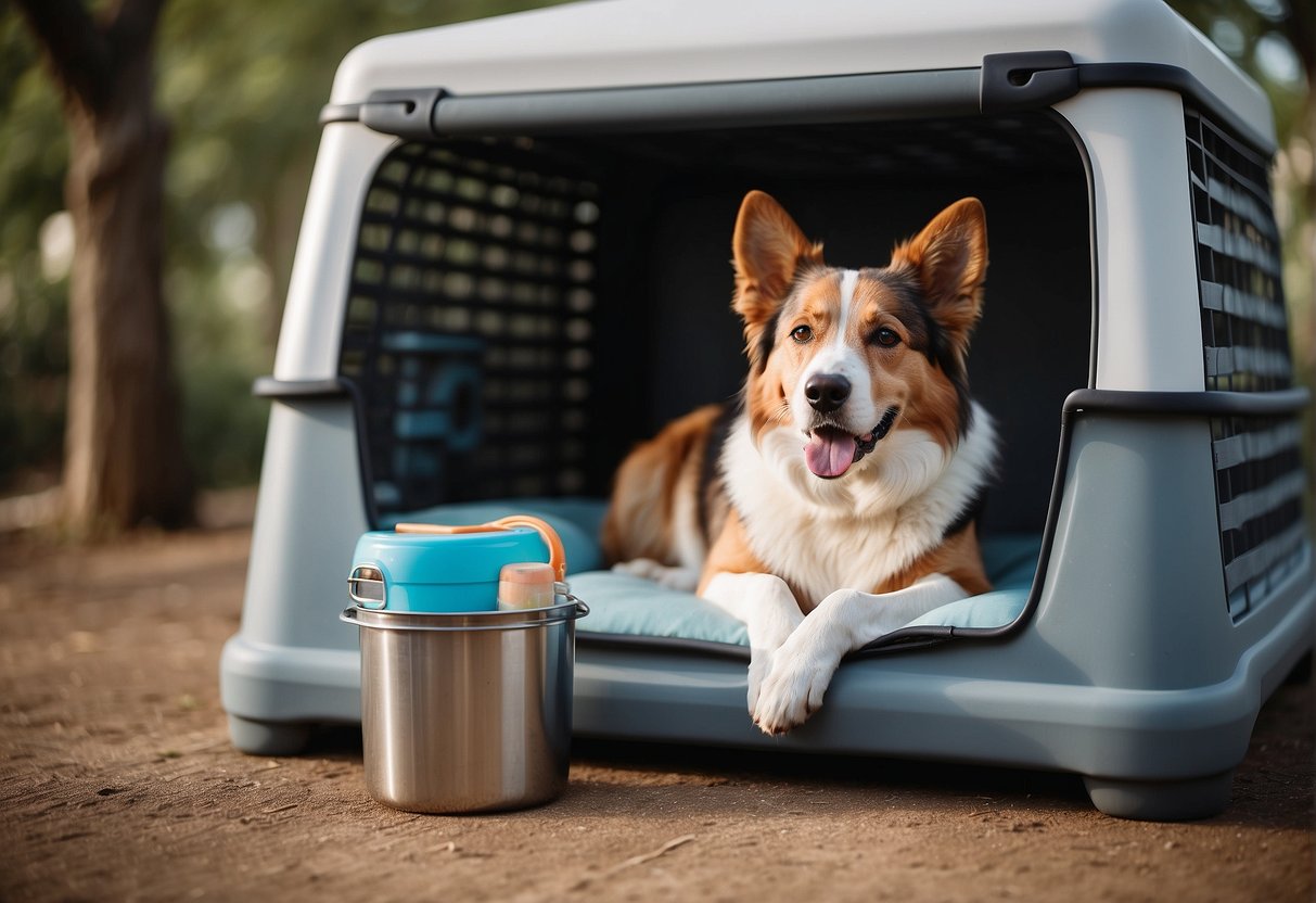 A spacious outdoor dog kennel with a sturdy frame, a comfortable bed, water and food bowls, and toys scattered around for the dog's enjoyment