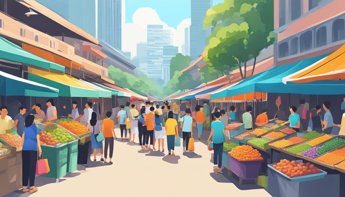 A bustling market in Singapore, with colorful stalls selling loud hailers. Customers browse and haggle with vendors, while the sound of the city fills the air
