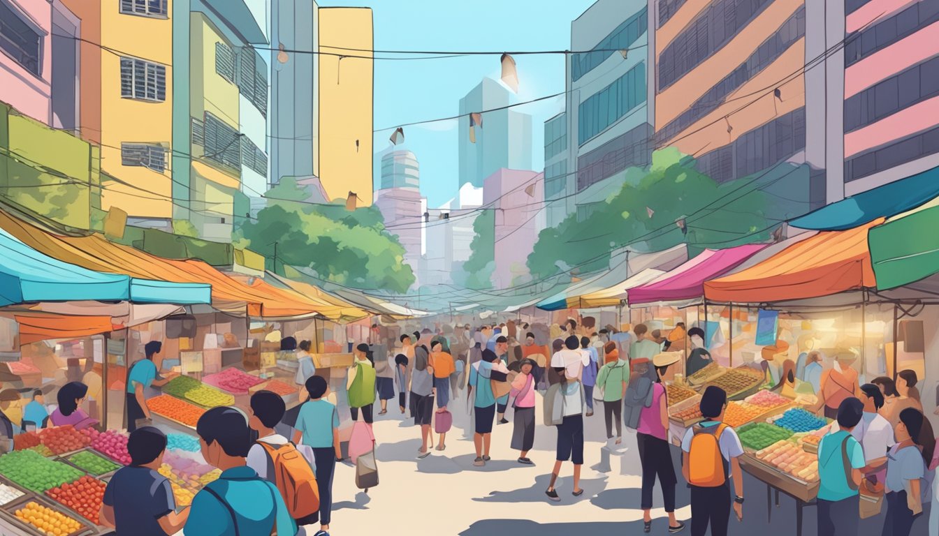 A bustling street market in Singapore, with colorful stalls selling loud hailers. Crowds of people browsing and vendors calling out their products