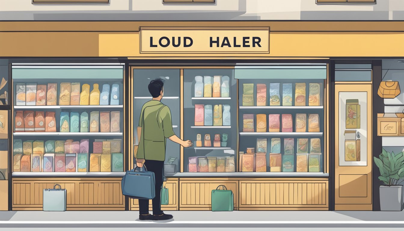 A person stands in front of a store in Singapore, examining different loud hailer options displayed in the window. The store sign indicates it sells loud hailer