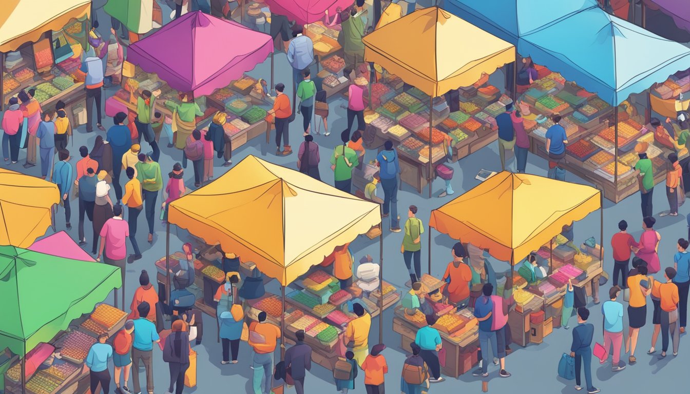 A crowded marketplace with colorful stalls, showcasing various electronic devices. A vendor holds up a loud hailer, surrounded by curious customers