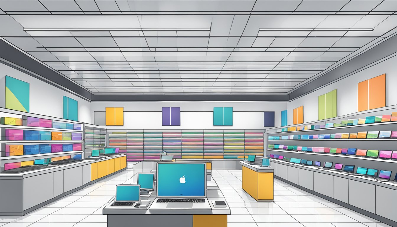 A sleek, modern electronics store in Singapore displays rows of MacBook Air laptops with bright, high-resolution screens and minimalist design