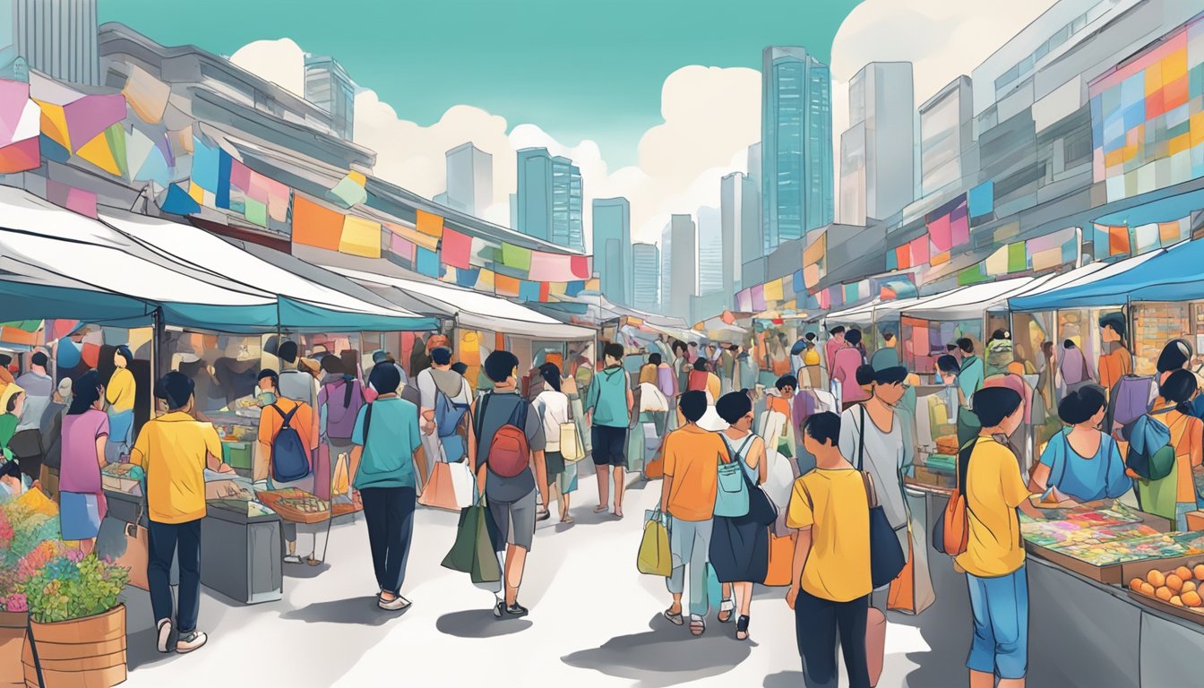 A bustling art market in Singapore with colorful displays and diverse artwork