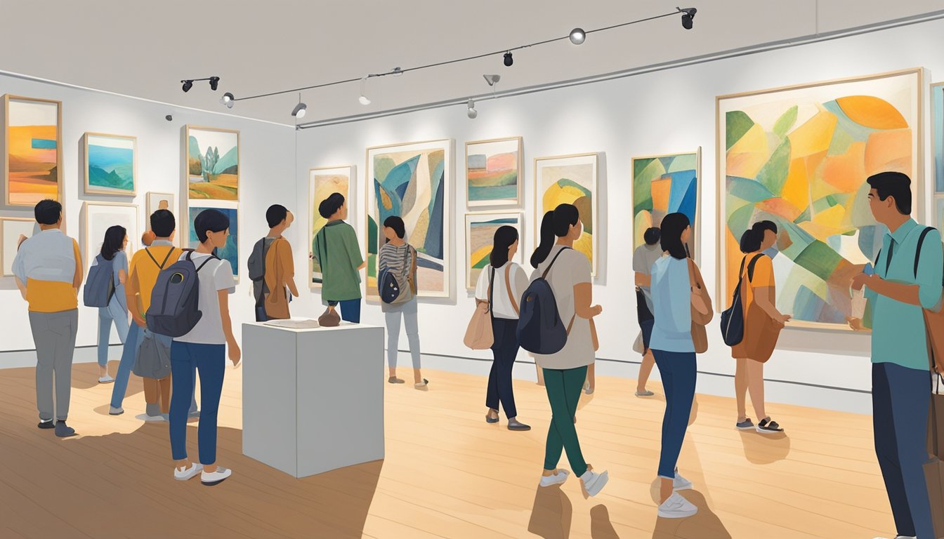 Visitors explore Singapore art galleries, admiring diverse artworks and sculptures on display. A vibrant exhibition showcases local and international artists' pieces for sale