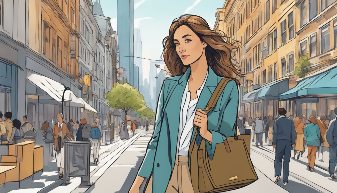 A woman walks confidently through a bustling city street, her anti-theft bag securely slung over her shoulder. The bag's sleek design and hidden compartments provide peace of mind as she navigates through the crowded urban landscape