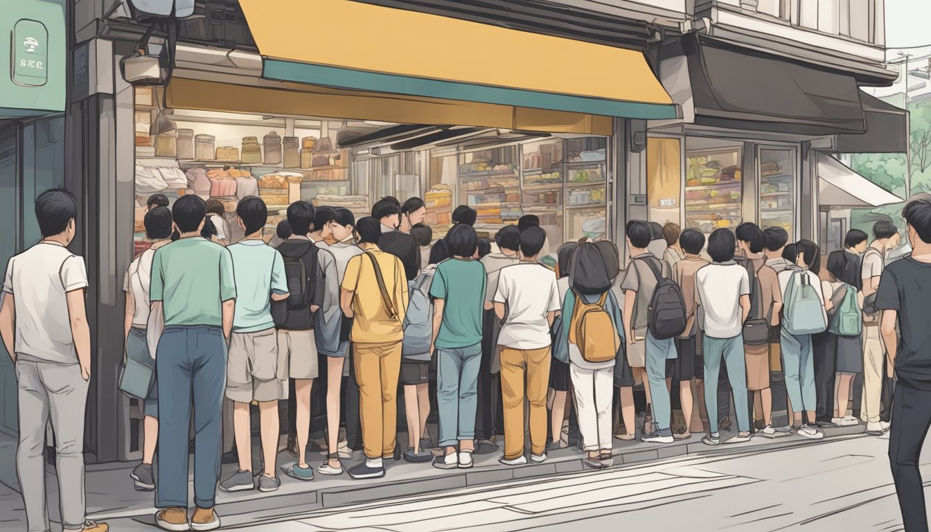 A crowded street in Singapore, with a prominent storefront displaying "Aulora Kodenshi Pants" and a line of customers waiting to purchase