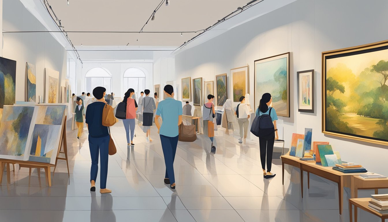 Art buyers browse galleries, boutiques, and art fairs in Singapore. They admire and purchase paintings, sculptures, and other art pieces to add to their collections