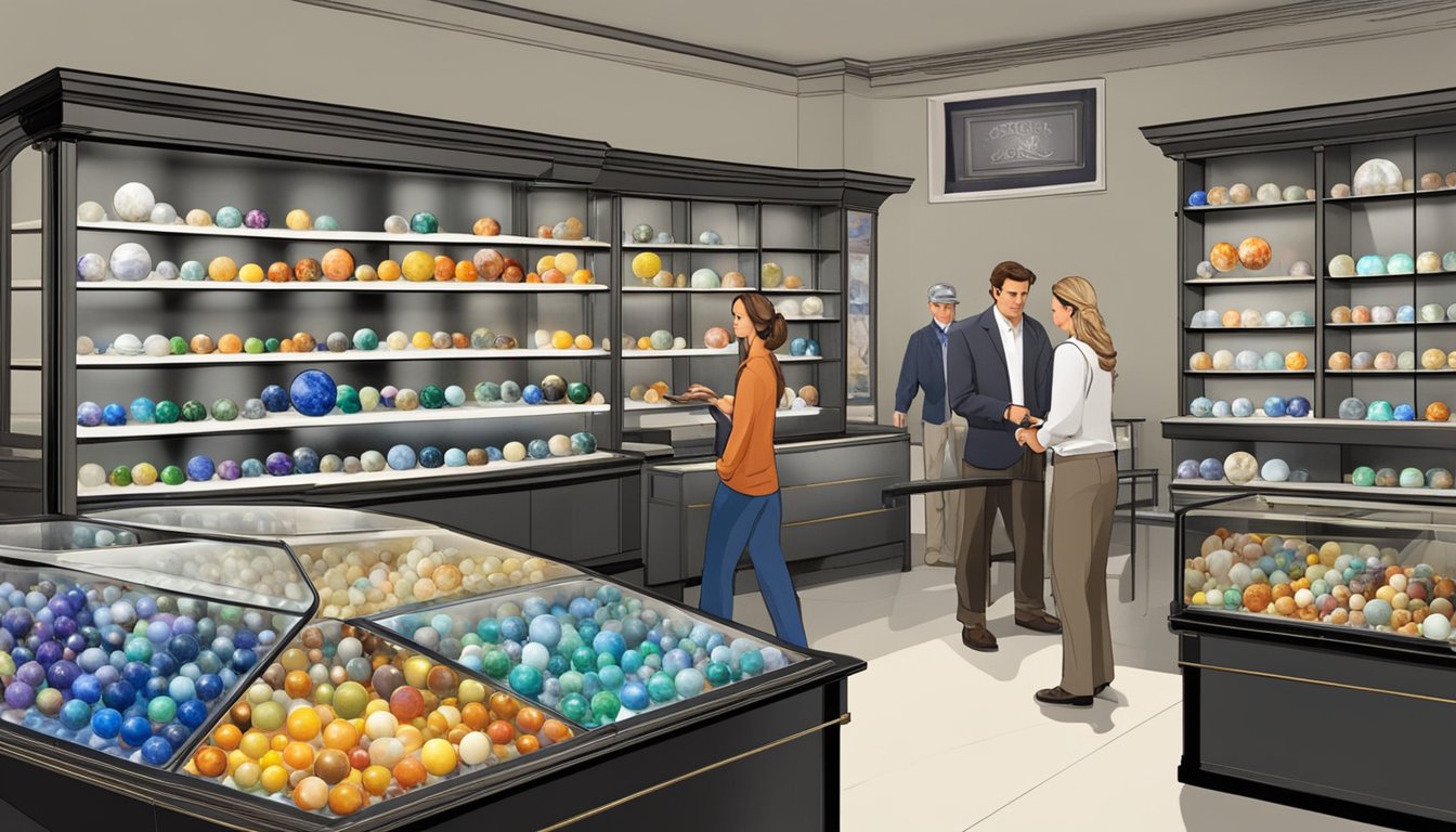 A well-lit showroom displays a variety of marbles in different colors and patterns. A knowledgeable salesperson assists a customer in examining the marble samples for quality and aesthetics