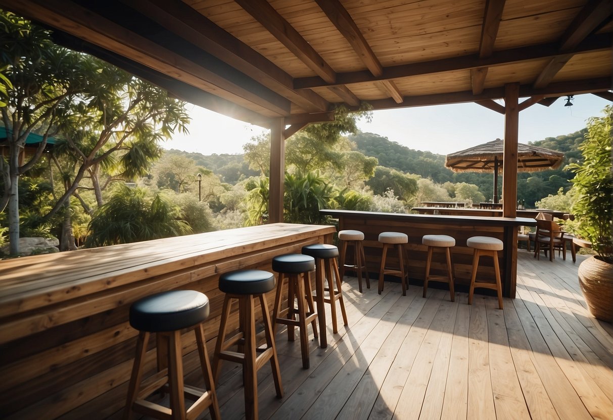 A wooden outdoor bar with built-in seating and storage, surrounded by lush greenery and a clear blue sky