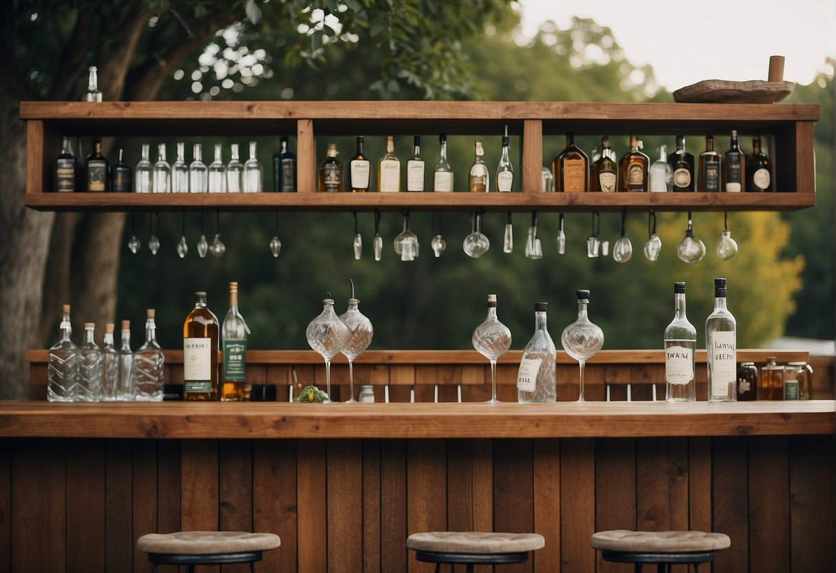 An outdoor bar with a wooden counter, shelves stocked with bottles, and a hanging light fixture. A bartender's tools and glassware are neatly arranged on the counter