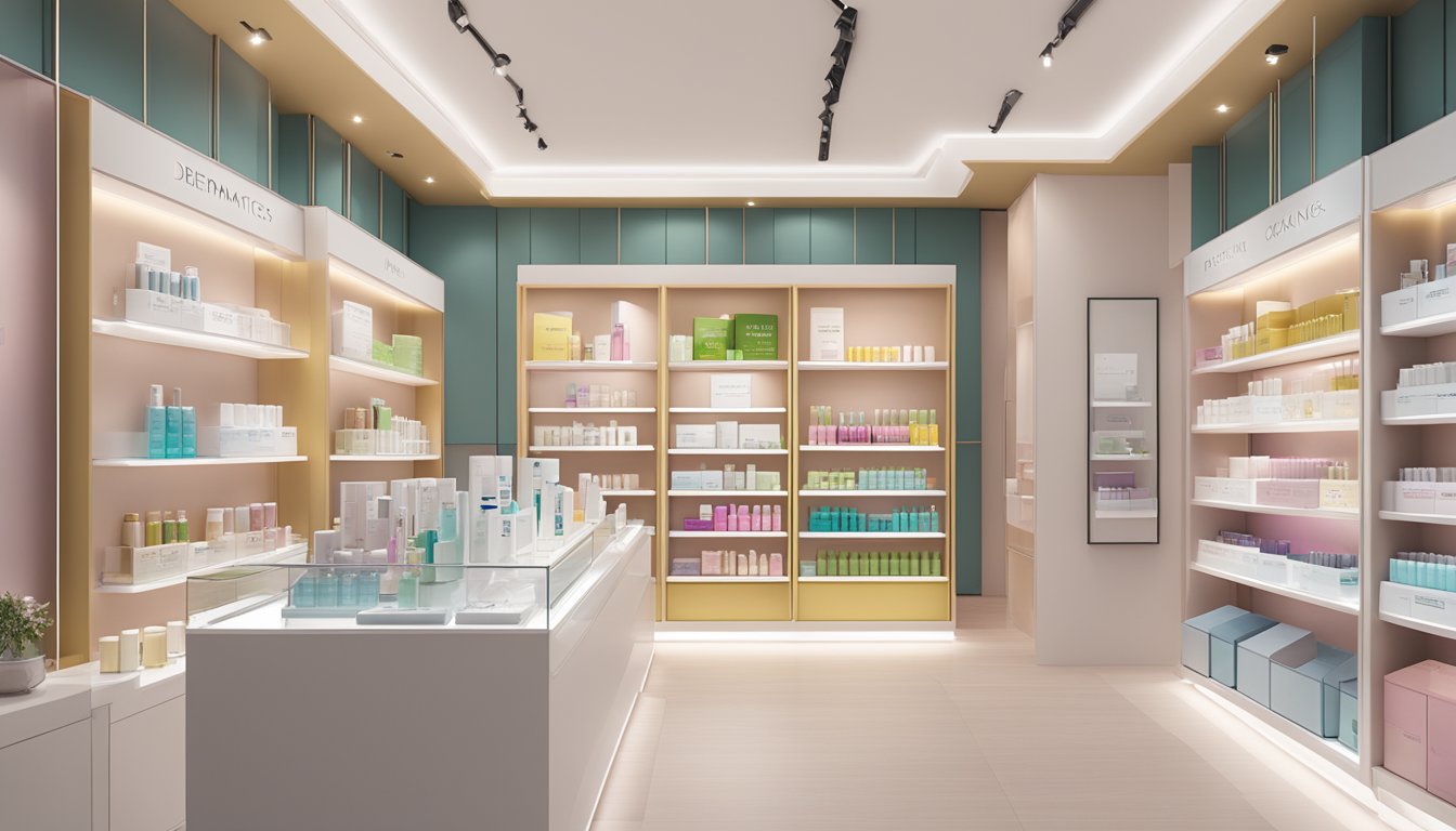 A bright and modern skincare boutique in Singapore, showcasing MD Dermatics products on sleek shelves with minimalist branding