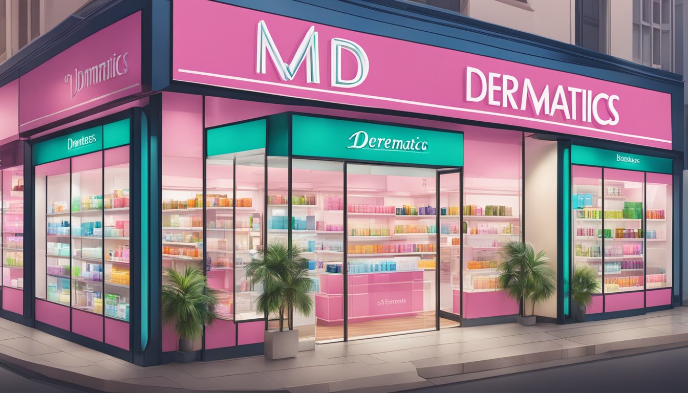 A vibrant storefront of MD Dermatics in Singapore, with a bold sign and inviting display of skincare products