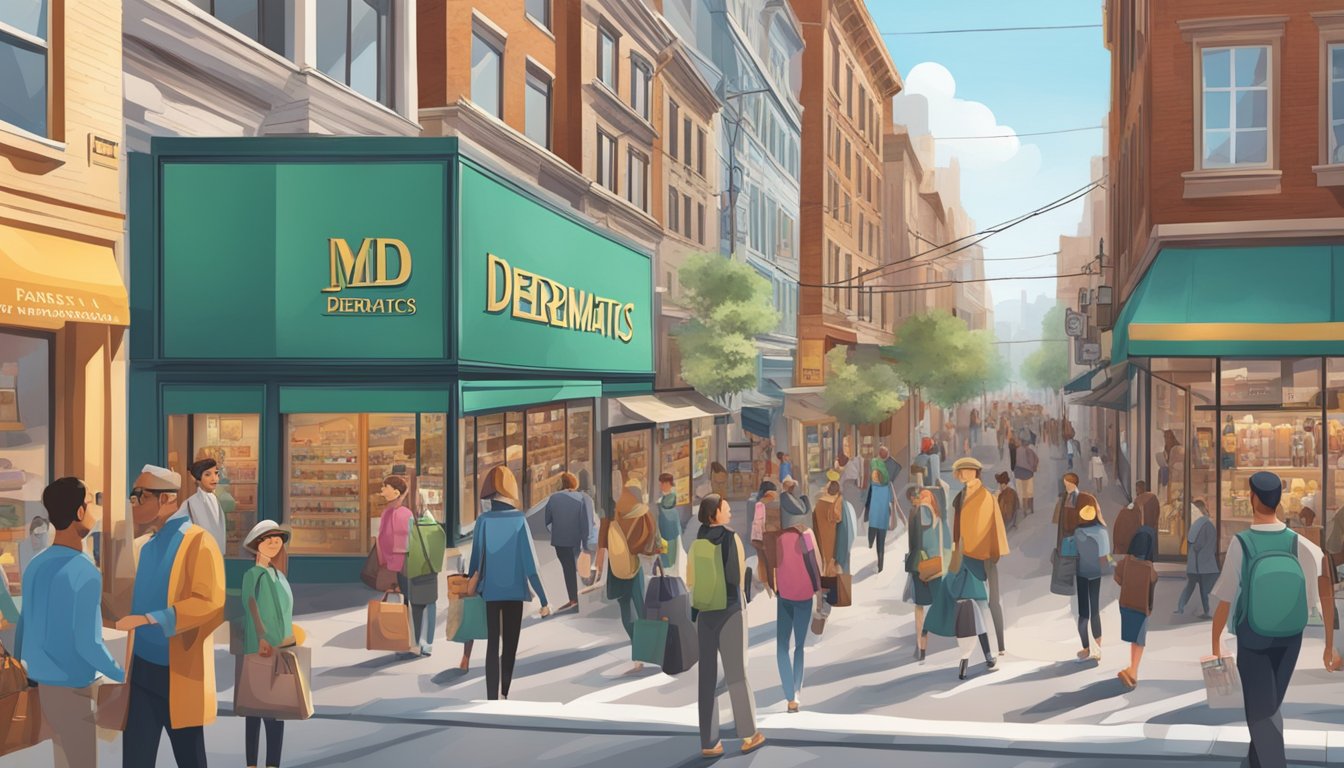 A busy city street with a prominent sign for "MD Dermatics" store, surrounded by curious shoppers