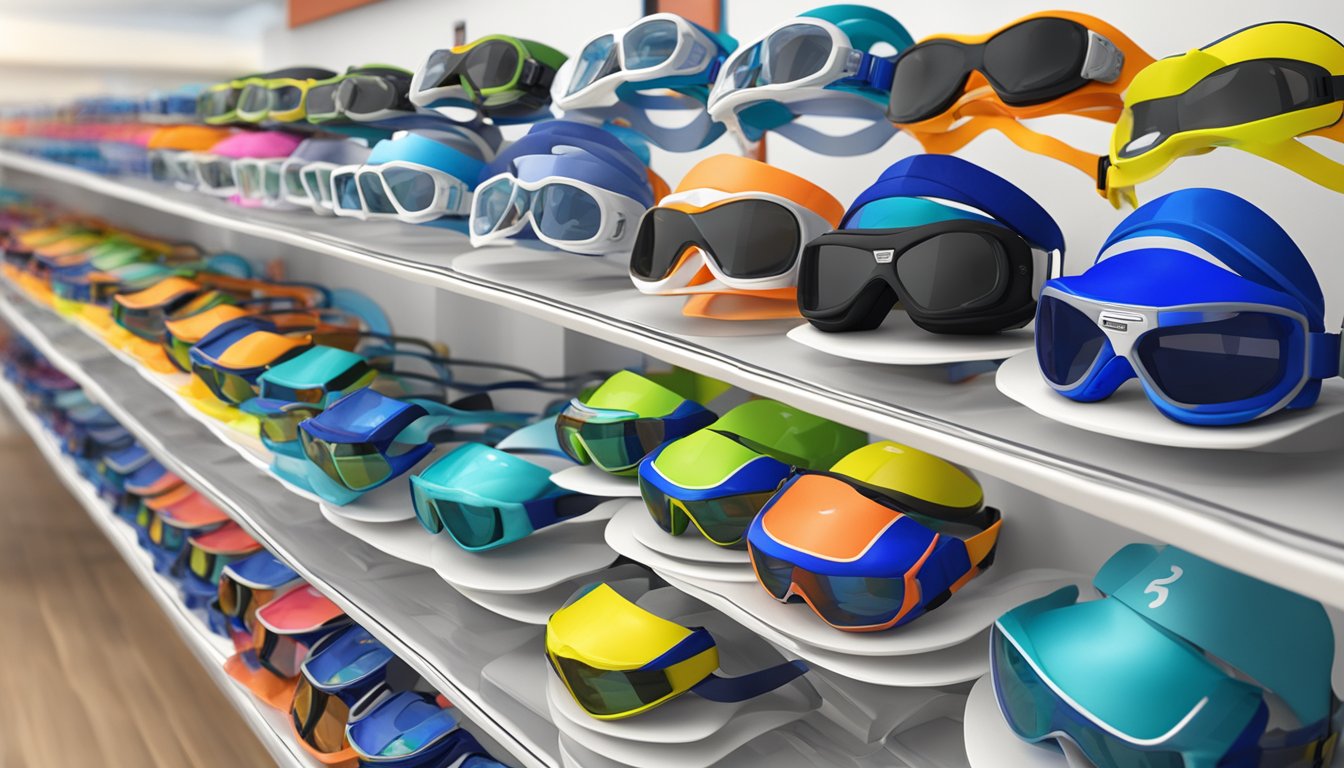A display of swimming goggles with degree options at a sports store in Singapore