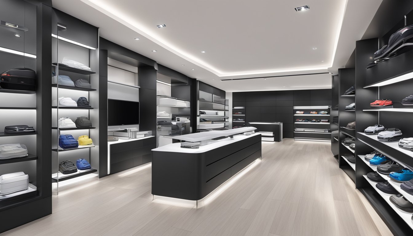 A sleek Mercedes showroom in Singapore, with shelves lined with various accessories, from branded keychains to custom floor mats