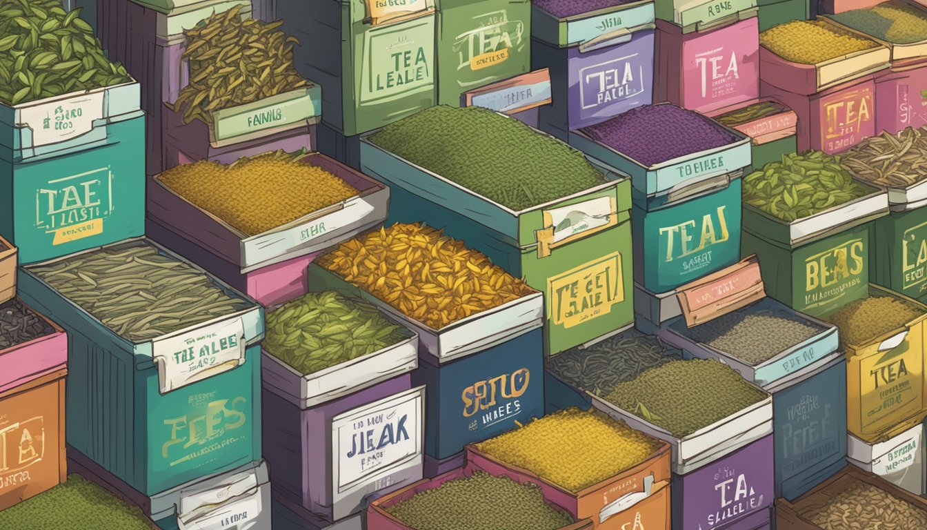 A bustling market stall displays an array of tea leaves in colorful packaging, with a sign advertising "Tea Leaves for Sale" in bold letters