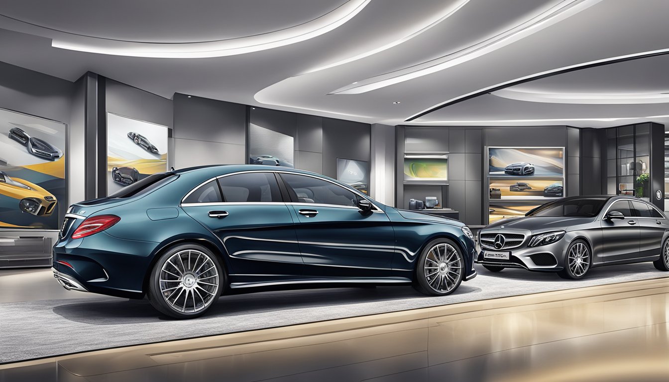 A luxurious showroom in Singapore displays a wide range of Mercedes accessories, including sleek car mats, elegant keychains, and stylish car covers