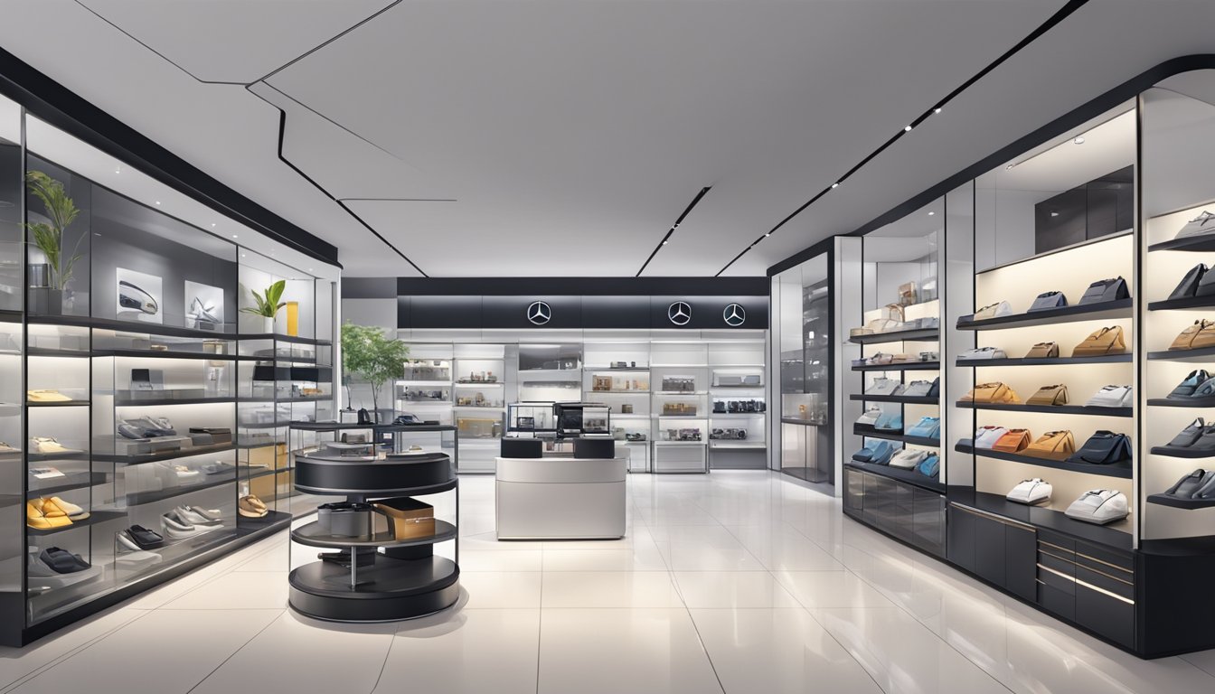 A sleek Mercedes accessories store in Singapore, with shelves neatly displaying a variety of products, and customers browsing and asking questions to staff