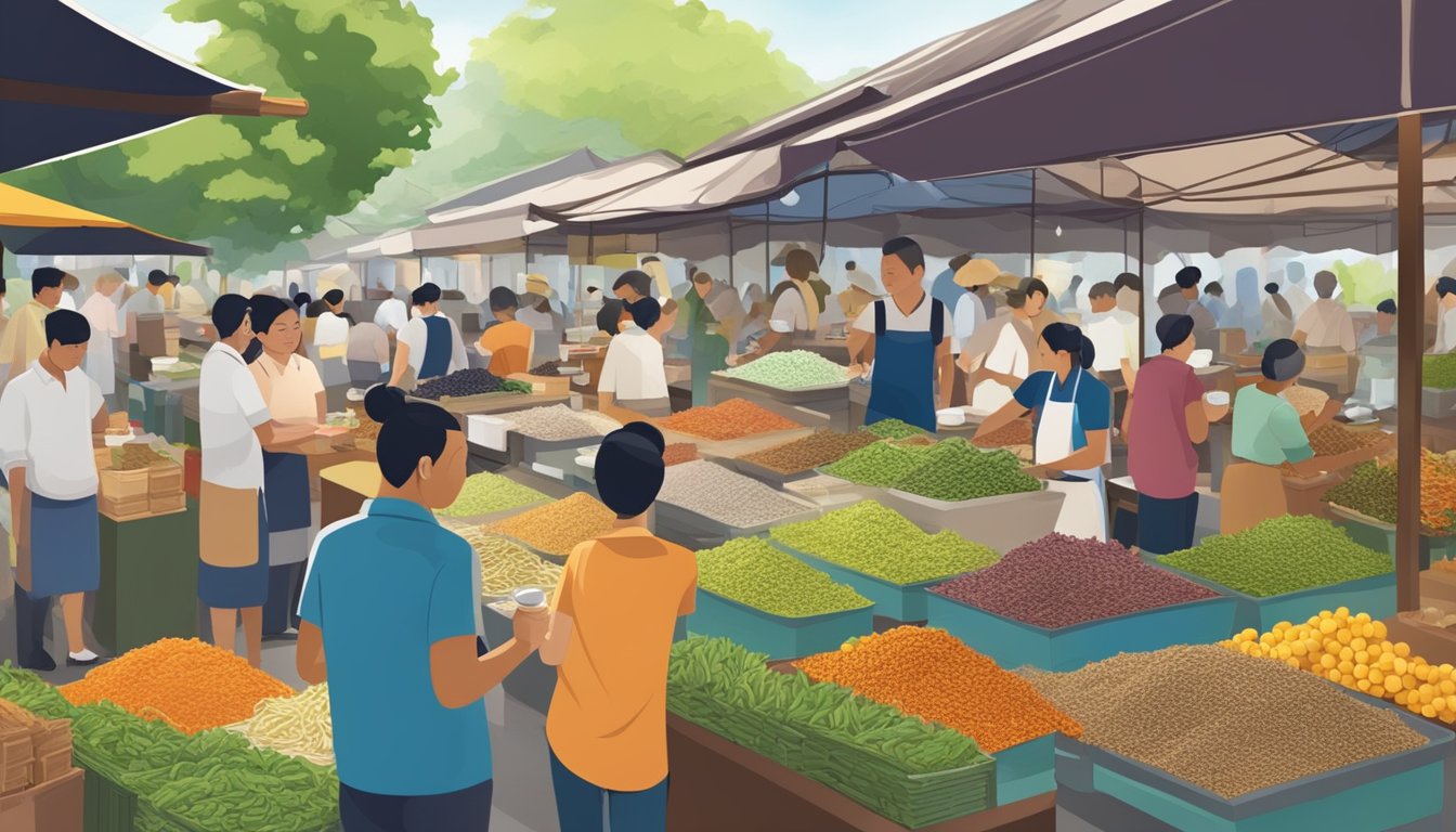 A bustling tea market in Singapore, with colorful stalls and aromatic tea leaves on display, attracting customers with diverse tastes and preferences