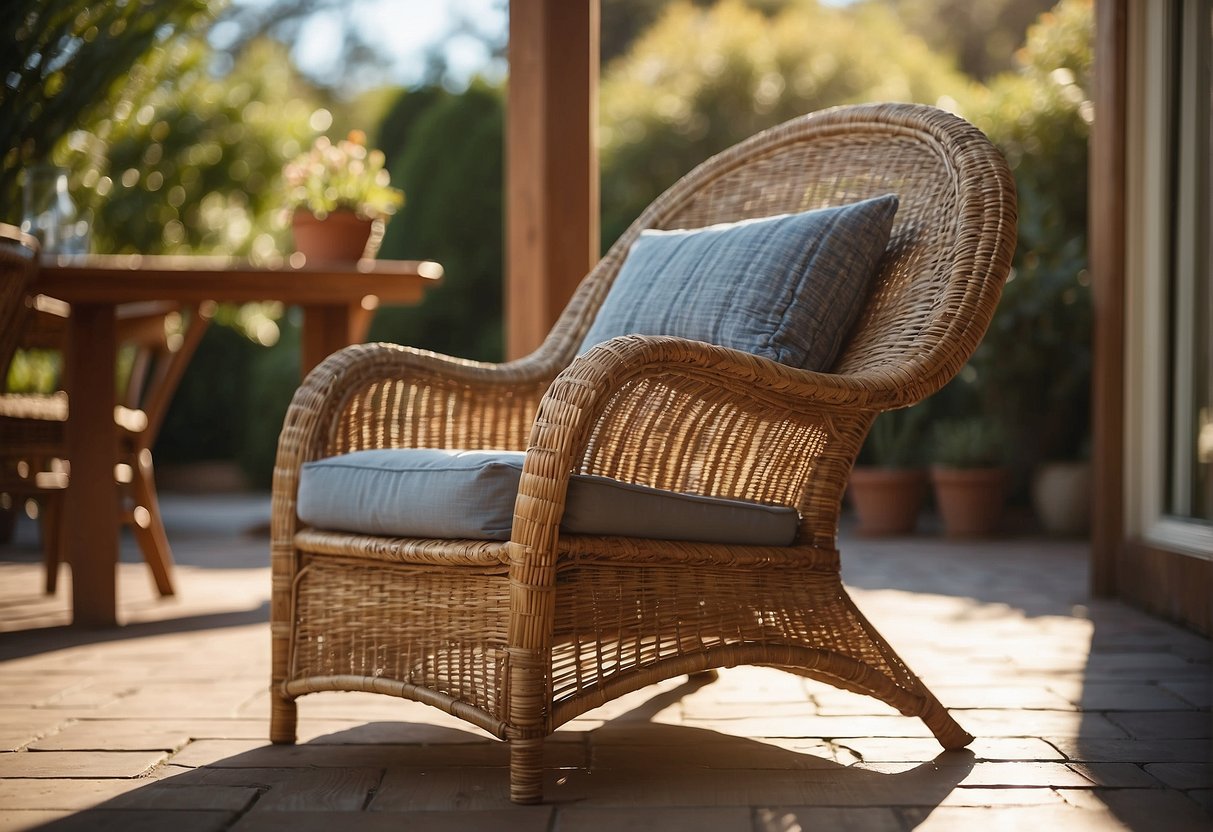 A wicker chair sits on a covered patio, with sunlight filtering through. The material appears sturdy and weather-resistant, with a smooth, tight weave