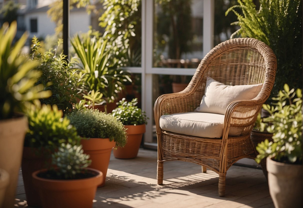 A wicker chair sits on a patio, surrounded by potted plants and bathed in sunlight. Outdoor scenery can be seen in the background