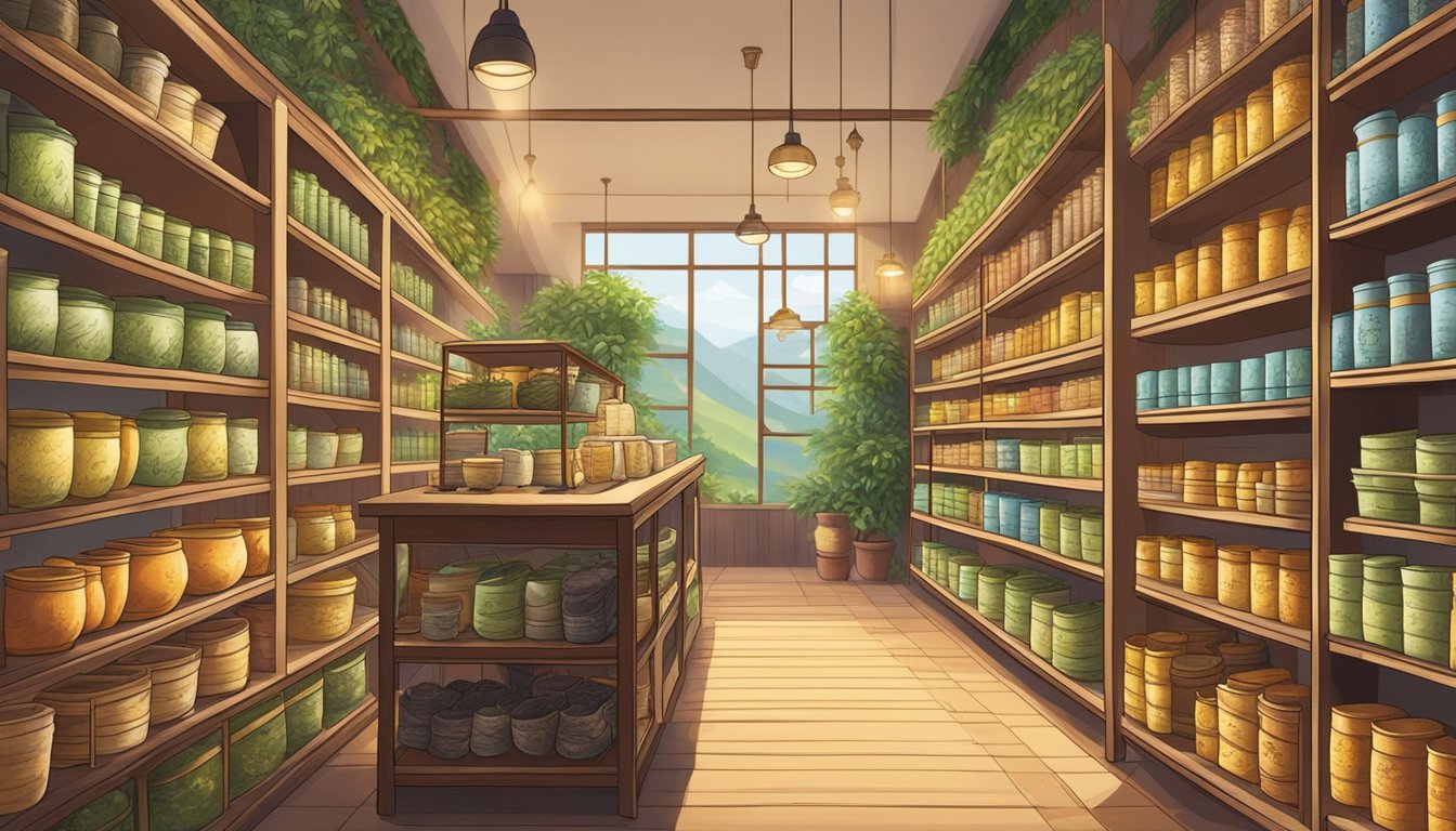 A colorful array of tea leaves fills the shelves, from fragrant jasmine to robust oolong. The shop is filled with the aroma of different teas, creating a warm and inviting atmosphere