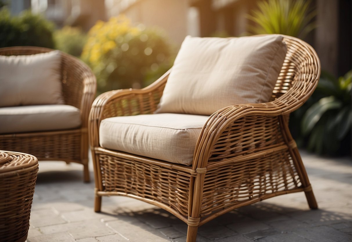 A close-up of wicker furniture, with focus on material and construction details, set against a background that suggests either an indoor or outdoor setting