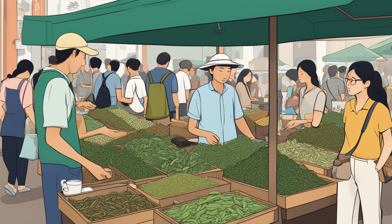 A bustling Singaporean market stall displays various tea leaves for sale. Customers browse the selection, while the vendor answers questions about the products