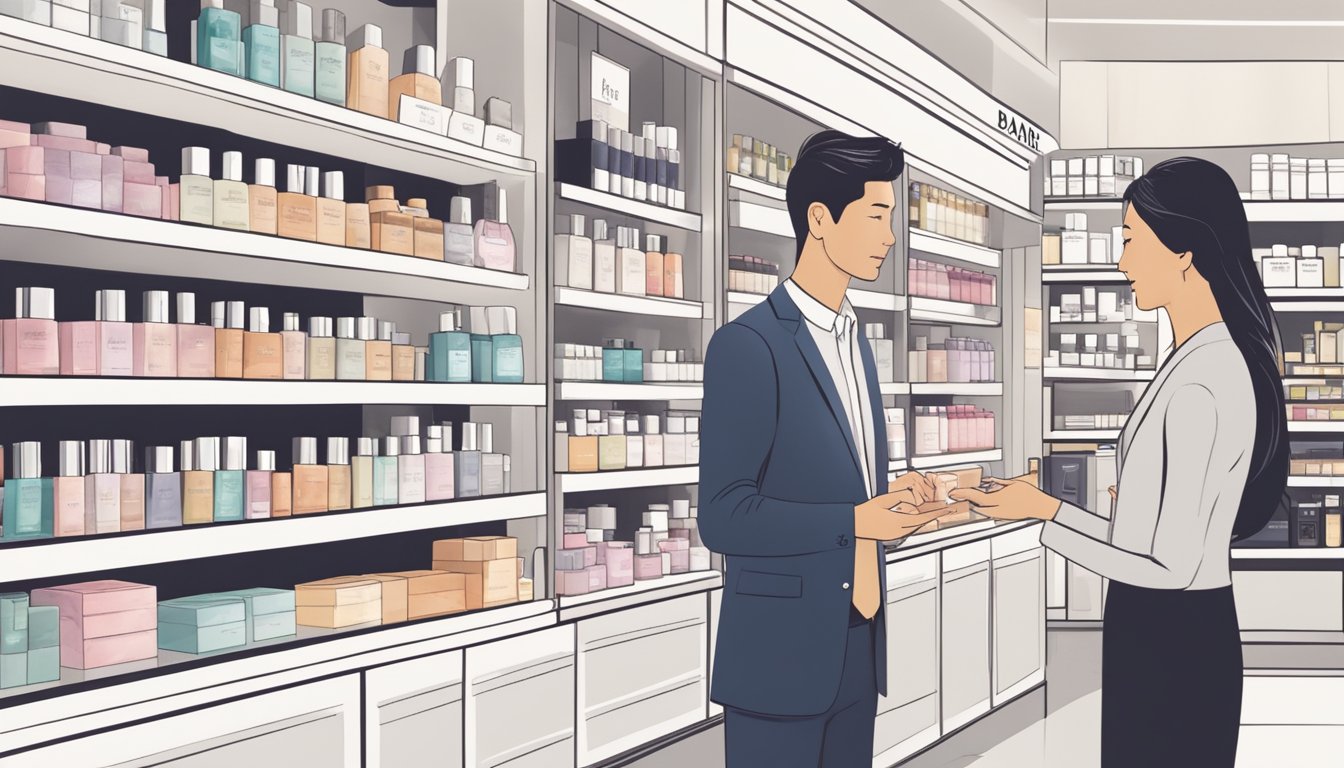 A bustling beauty store in Singapore, shelves lined with Babor skincare products, a knowledgeable salesperson assisting a customer