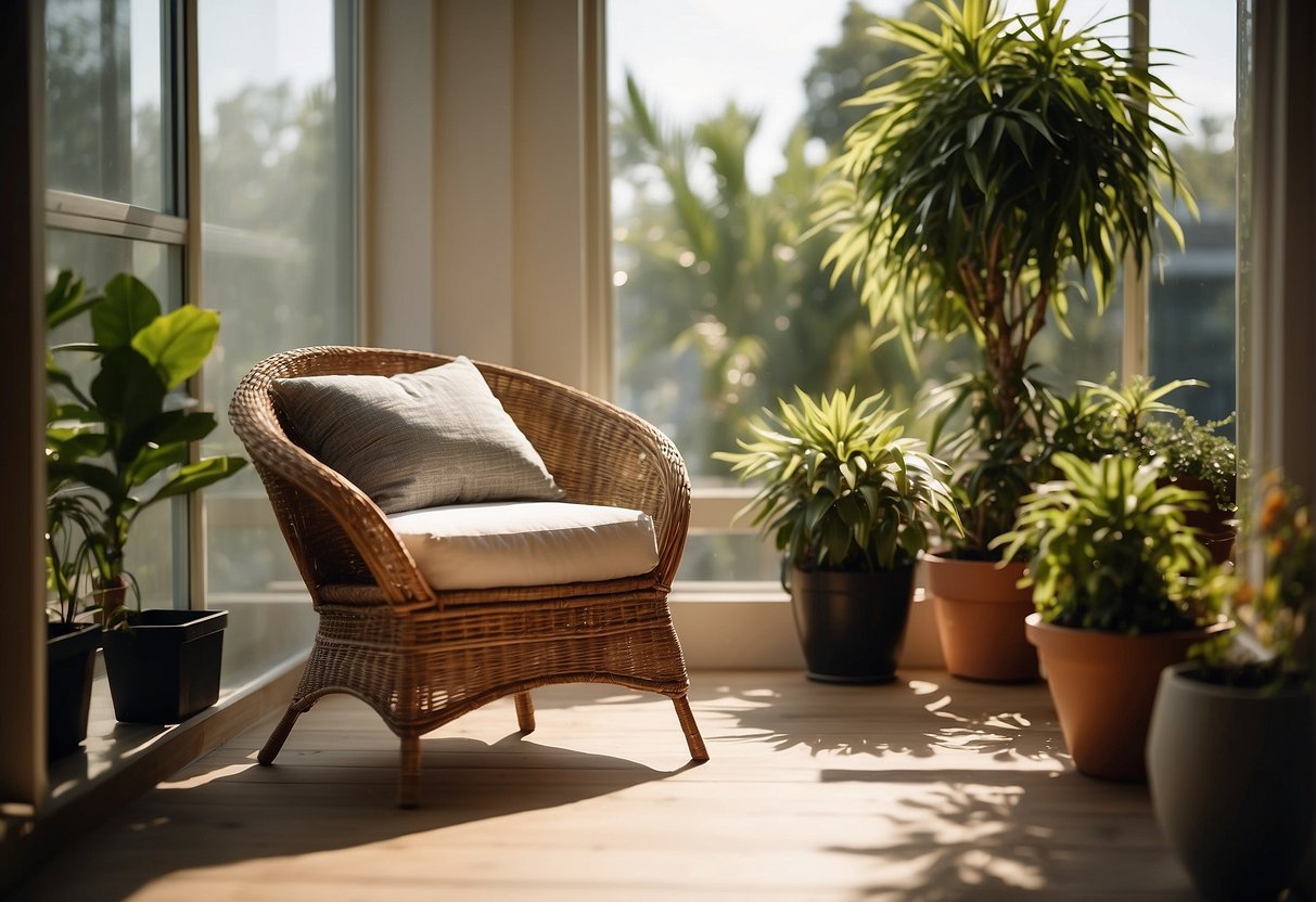 A wicker chair sits in a sunlit room with a large window. A potted plant and a stack of outdoor cushions are nearby, indicating it is an indoor wicker piece