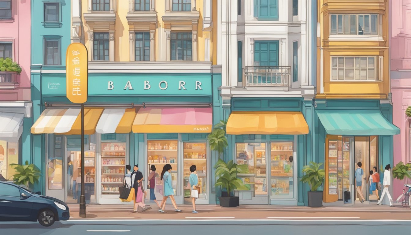 A bustling street in Singapore, with colorful storefronts and a prominent sign reading "Babor." Pedestrians pass by, some peering through the window to see the luxurious skincare products on display