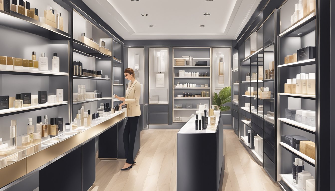 A luxurious skincare boutique with sleek, modern decor and shelves lined with Babor products. A knowledgeable sales associate assists a customer in selecting the perfect skincare regimen