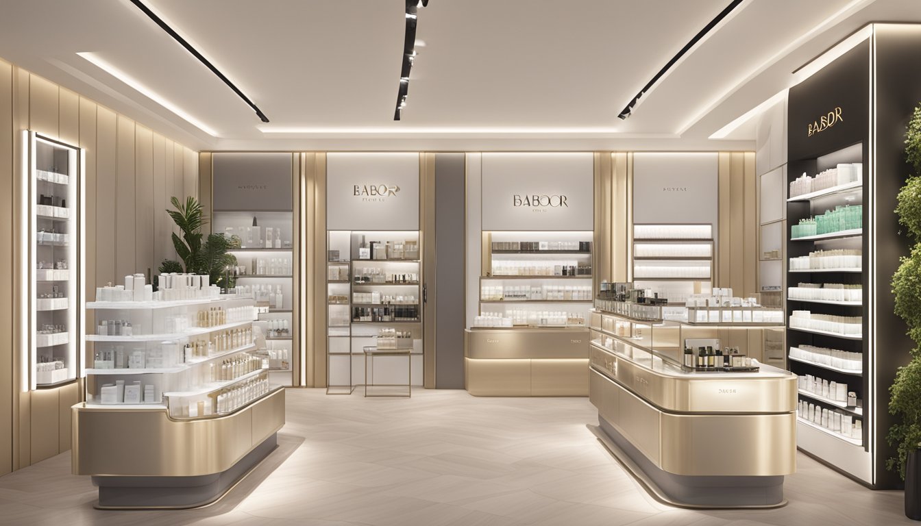 A modern, well-lit skincare boutique in Singapore displays Babor products with a prominent "Frequently Asked Questions" sign
