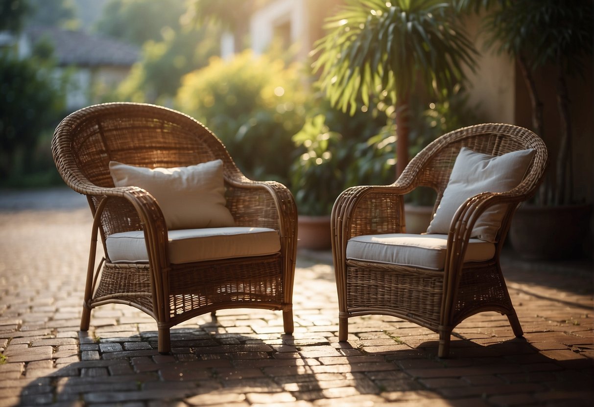 A wicker chair sits outside, weathered by sun and rain, while another wicker chair remains pristine inside a well-lit room