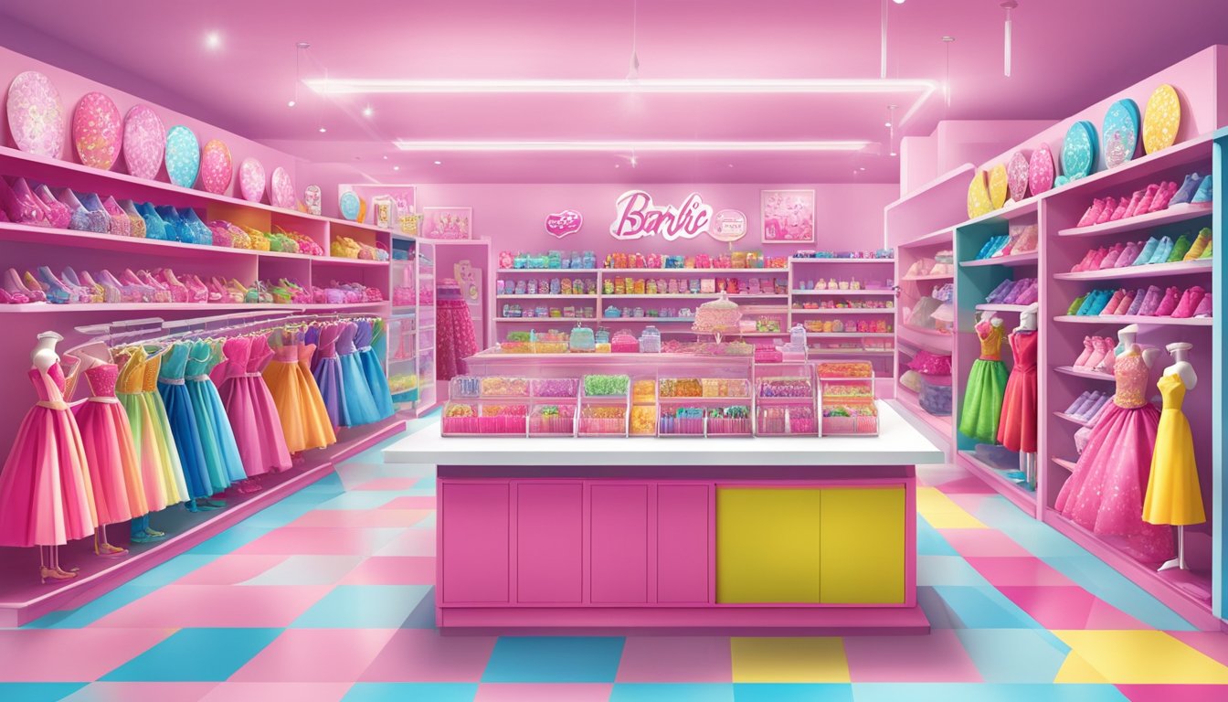 A bright, colorful toy store in Singapore displays shelves of Barbie dolls, with a variety of outfits and accessories