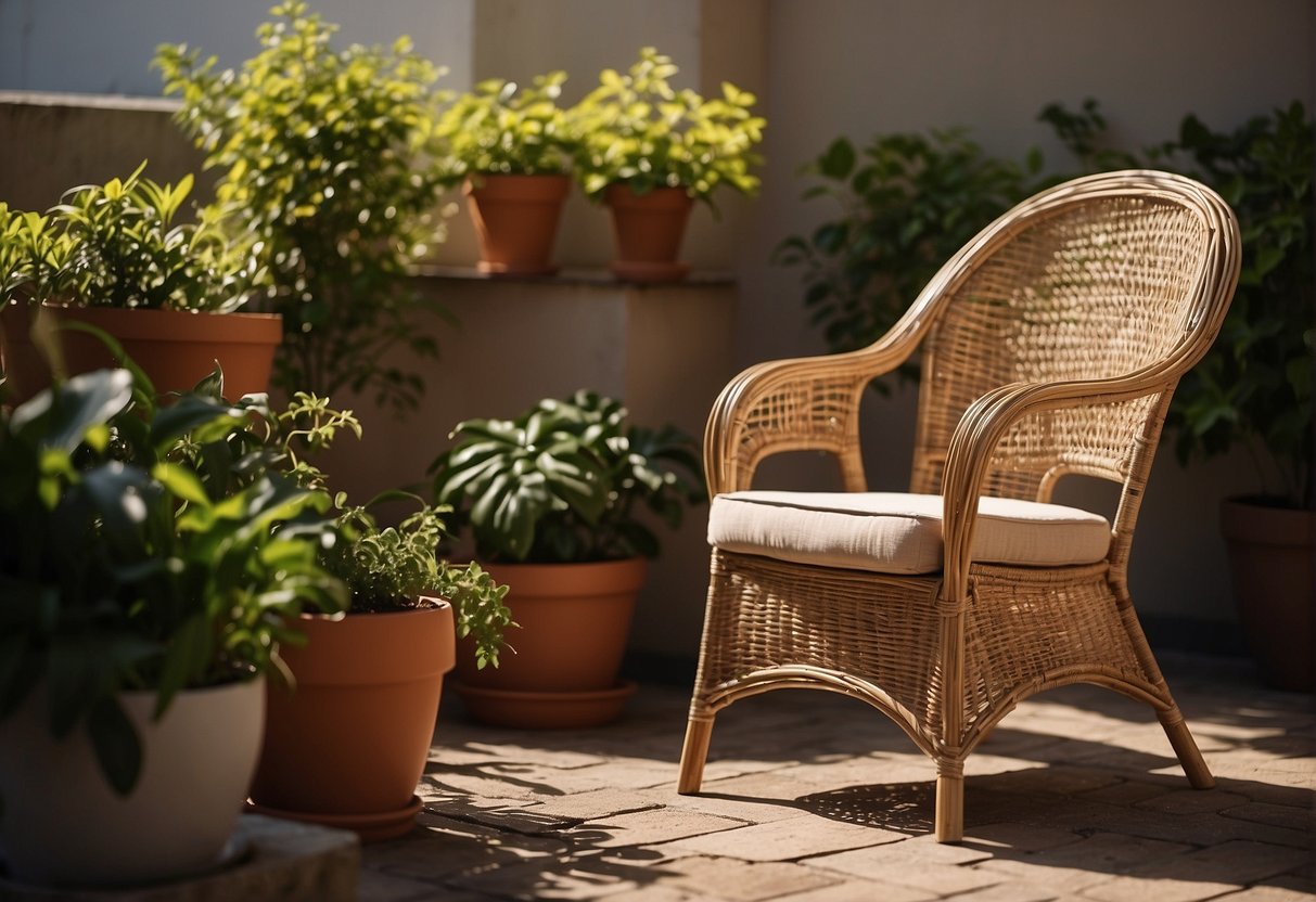 A wicker chair sits on a patio with a potted plant nearby. Sunlight filters through the open weave, casting a dappled pattern on the ground