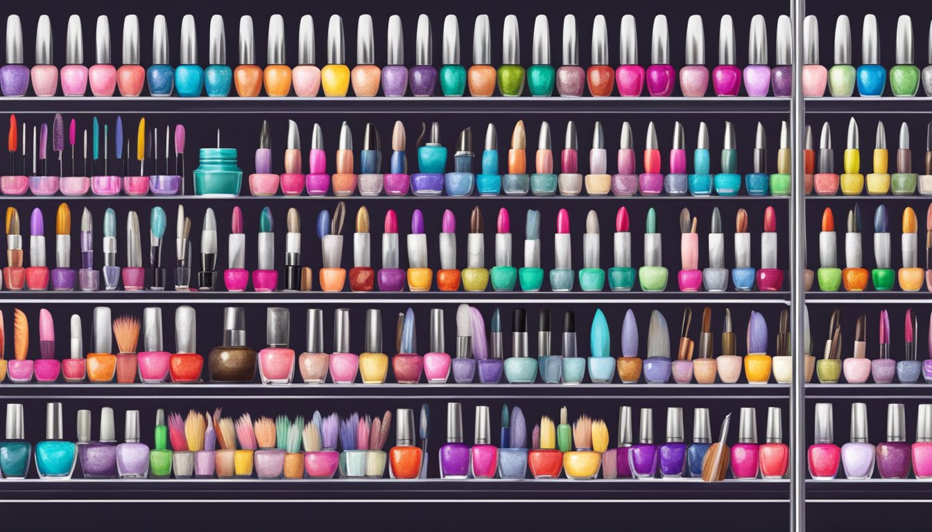 A vibrant display of nail art supplies lines the shelves of a Singaporean beauty store, showcasing an array of colorful polishes, intricate nail decals, and fine-tipped brushes