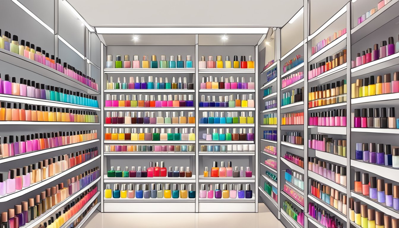 A colorful array of nail polish bottles, nail art brushes, and intricate nail decals displayed on shelves in a well-lit store in Singapore