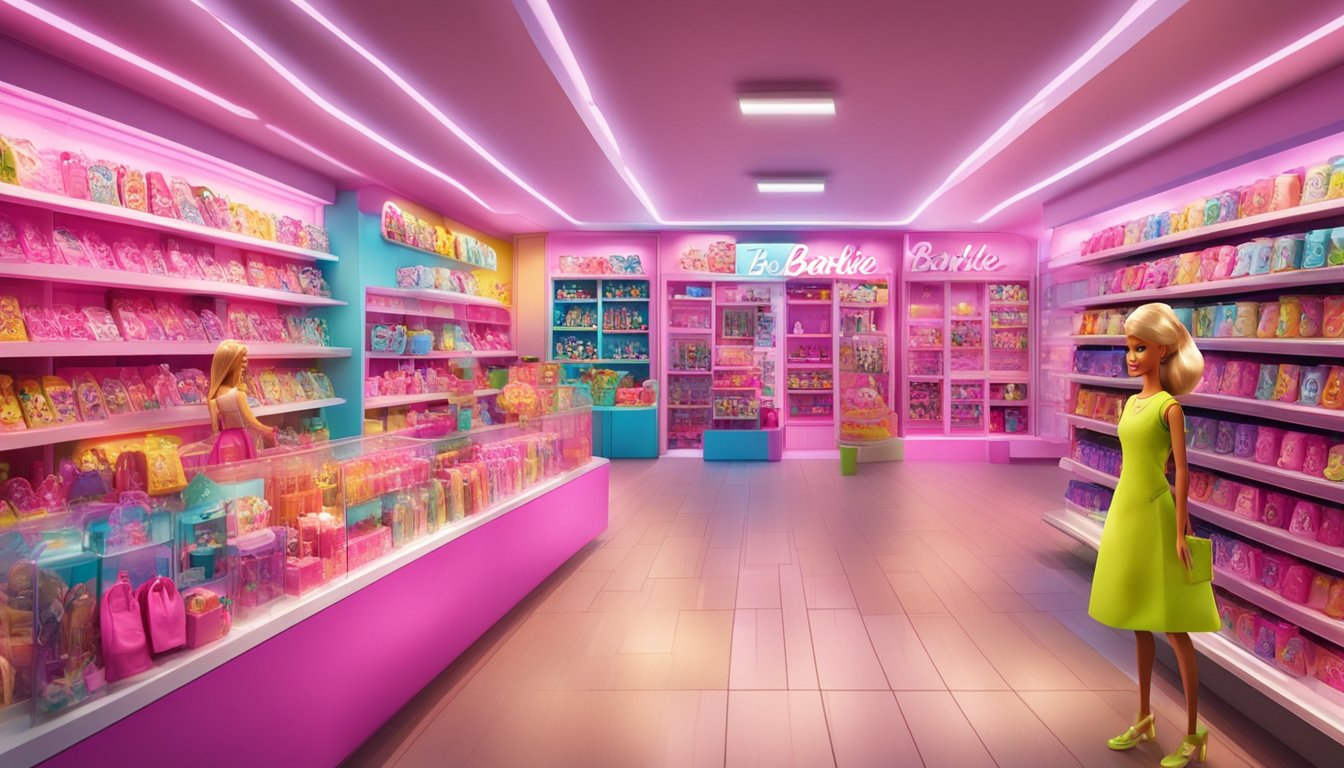 A colorful toy store display showcases various Barbie dolls in Singapore. Bright lights illuminate the shelves, and a sign advertises "Tips for Buying Barbie Dolls."