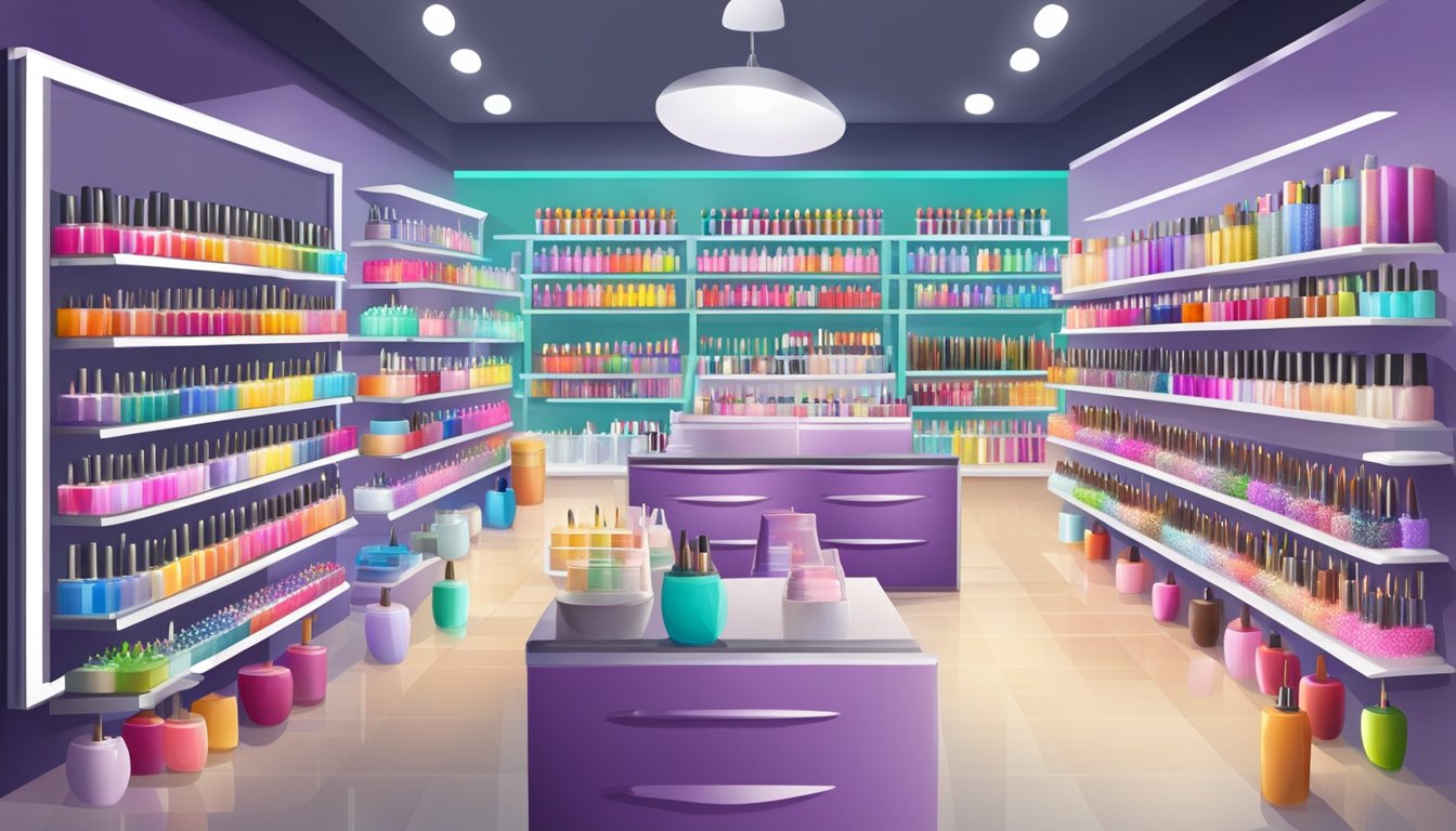 A well-lit nail art supply store with shelves stocked with colorful and high-quality nail polishes, nail art brushes, and various nail embellishments