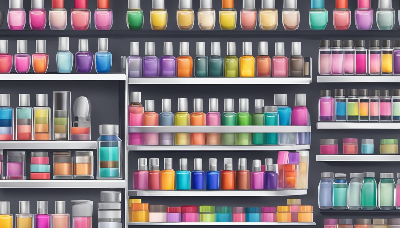 A colorful display of nail art supplies in a Singapore store, with shelves neatly organized and labeled. Bright packaging and various tools are prominently featured