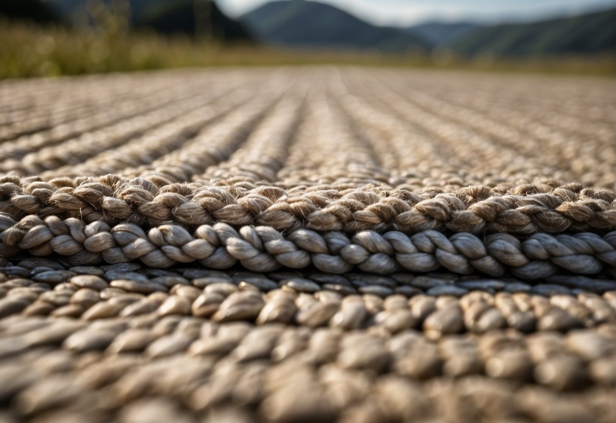 A sturdy outdoor rug secured with heavy objects to prevent it from blowing away in a windy location