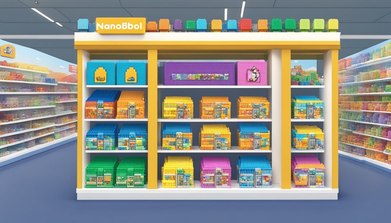 A colorful display of Nanoblocks in a Singaporean toy store, with shelves lined with various sets and a sign indicating where to buy Nanoblocks in Singapore