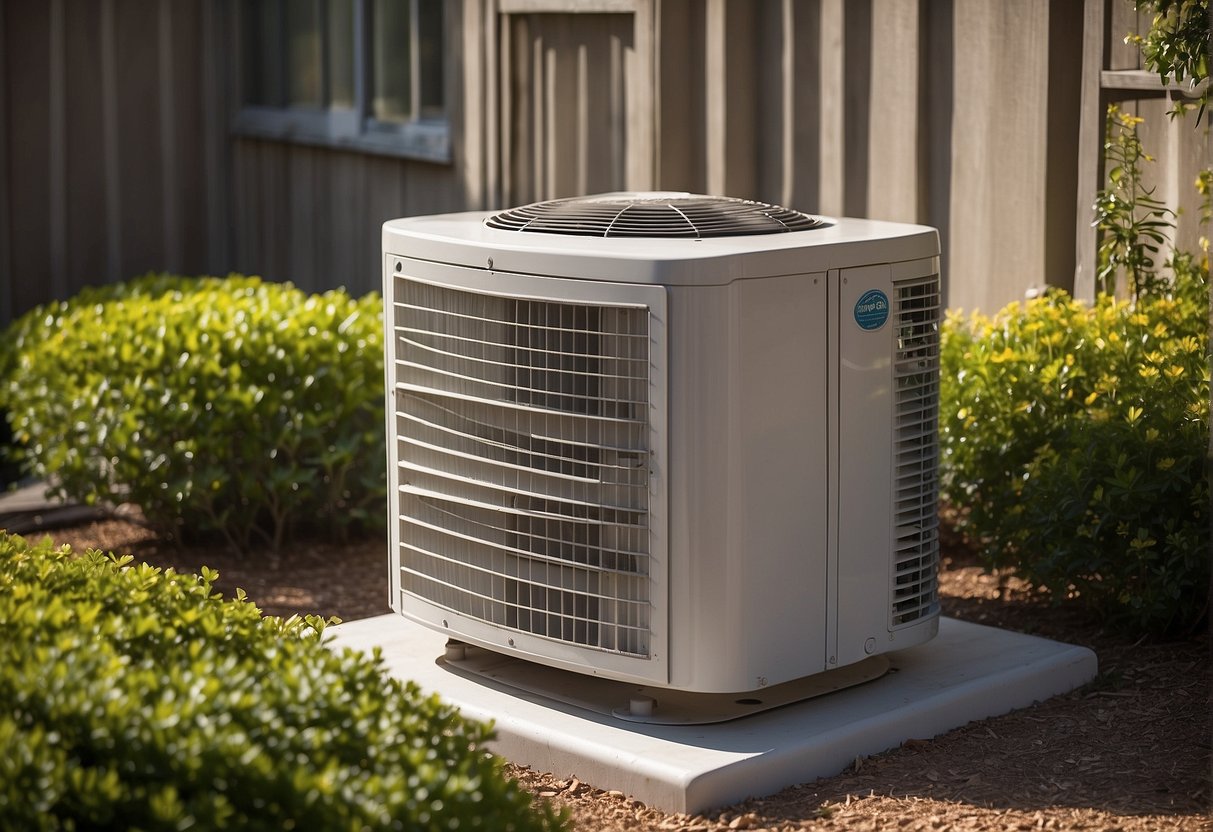 The outdoor AC unit is shielded from direct sunlight by a protective cover or shade structure. It is surrounded by a clean and well-maintained area, with no obstructions blocking airflow