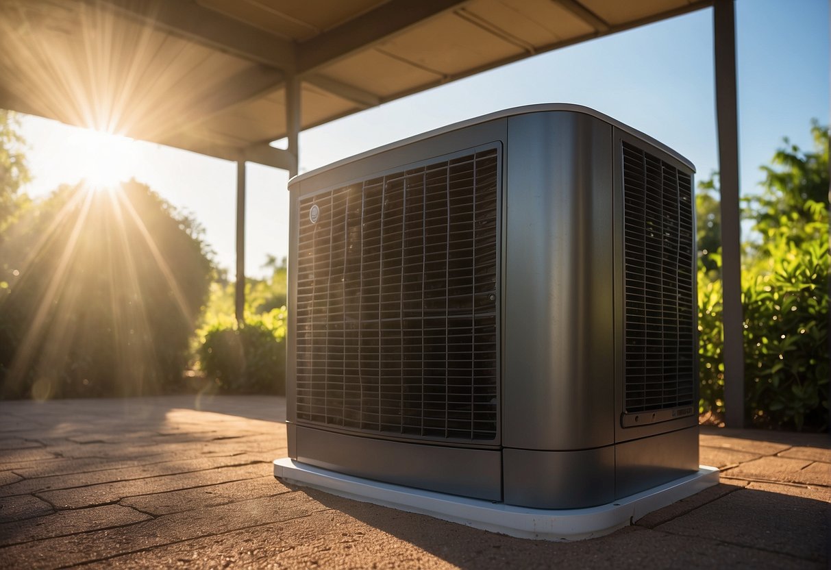 The outdoor AC unit is shielded from direct sunlight by a tall shade structure. The angle of the structure adjusts throughout the day to block the sun's rays