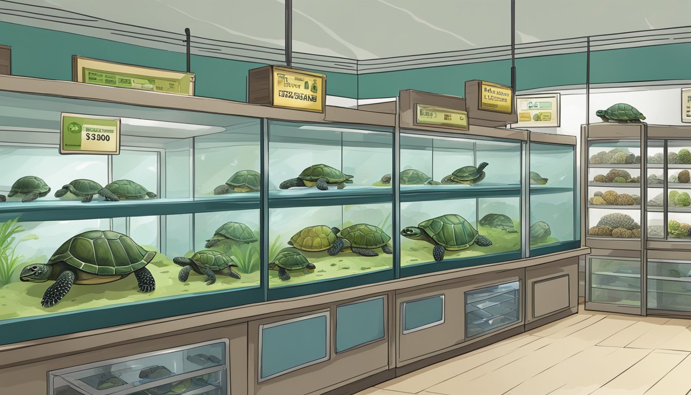 A pet store in Singapore displays various turtles in tanks with clear labels indicating their species and prices