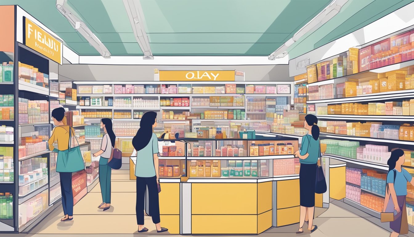 A bustling Singapore market with shelves stocked with Olay products, customers browsing, and a prominent "Frequently Asked Questions" display