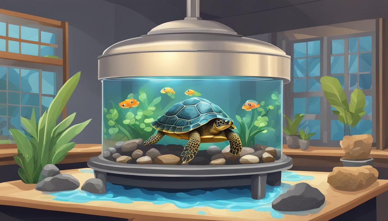 A turtle tank with a heat lamp, water filter, and decorative rocks. A pet store sign in the background