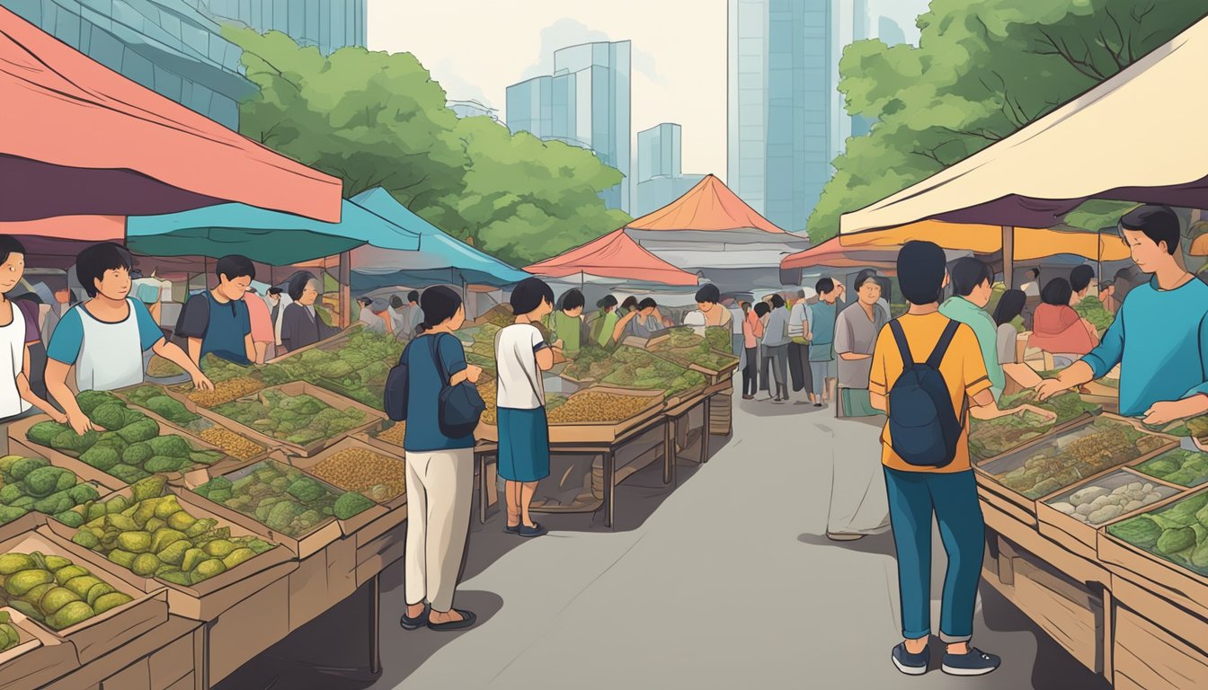 A bustling marketplace with colorful stalls selling turtles in Singapore. Crowds of people inquire about purchasing the reptiles, while vendors display the creatures in tanks